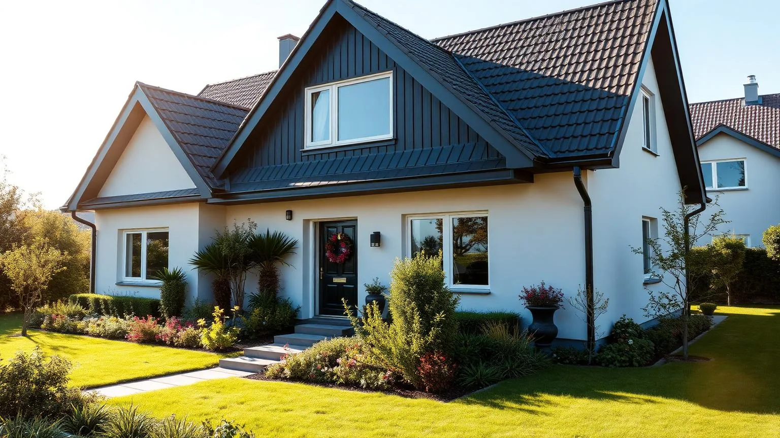 Modernes freistehendes Einfamilienhaus mit gepflegtem Garten – Symbolbild für die Immobilienbewertung.