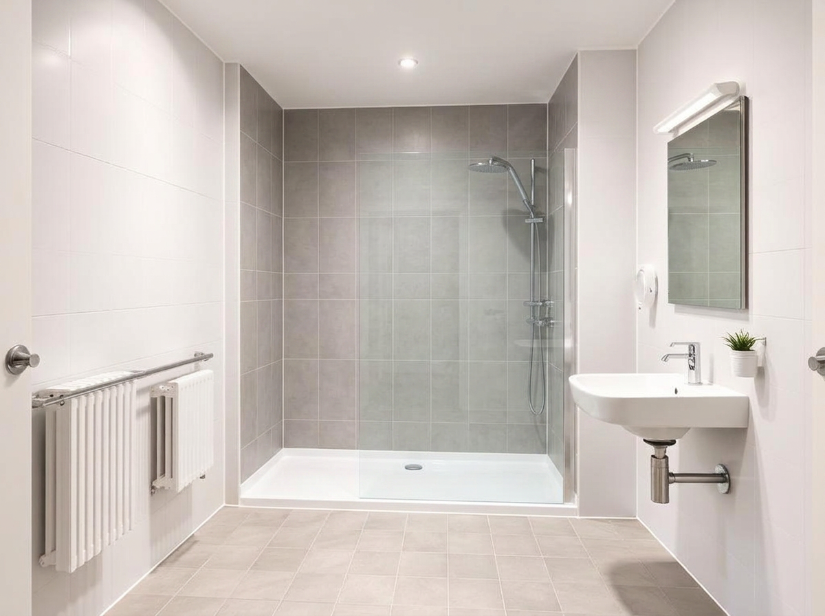Barrierearmes modernes Badezimmer mit bodengleicher Dusche