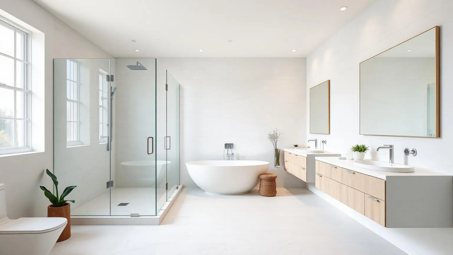 Modern saniertes Badezimmer mit bodengleicher Dusche und heller Verfliesung – Symbolbild für die Badsanierung.
