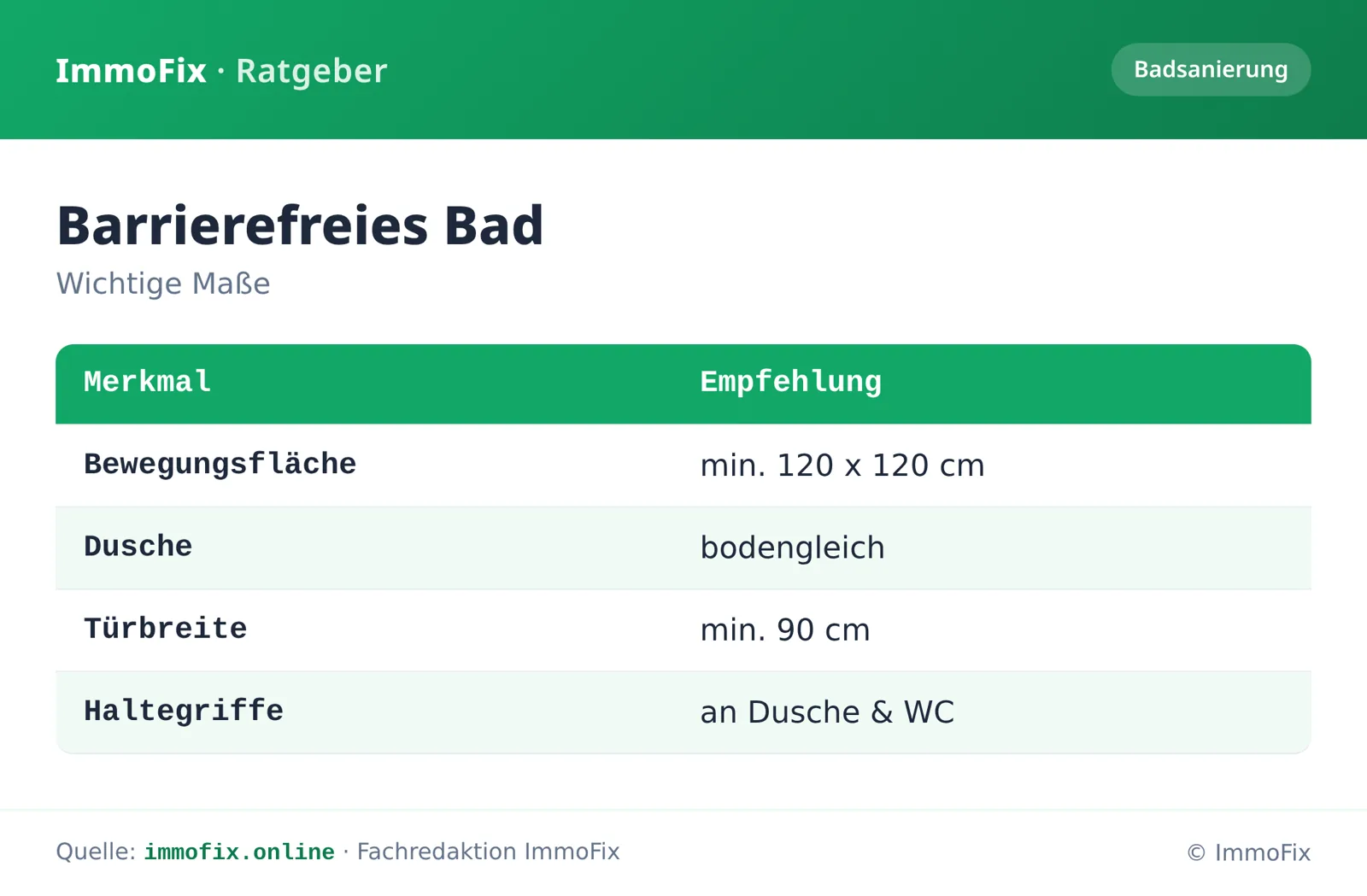 Infografik: Maße für ein barrierefreies Bad – Bewegungsfläche, bodengleiche Dusche, Türbreite und Haltegriffe.