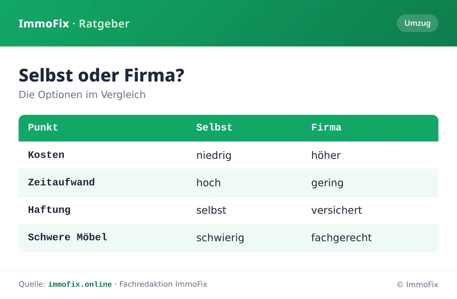 Infografik: Selbst transportieren oder Fachfirma buchen – Vergleich bei Kosten, Zeitaufwand, Haftung und schweren Möbeln.