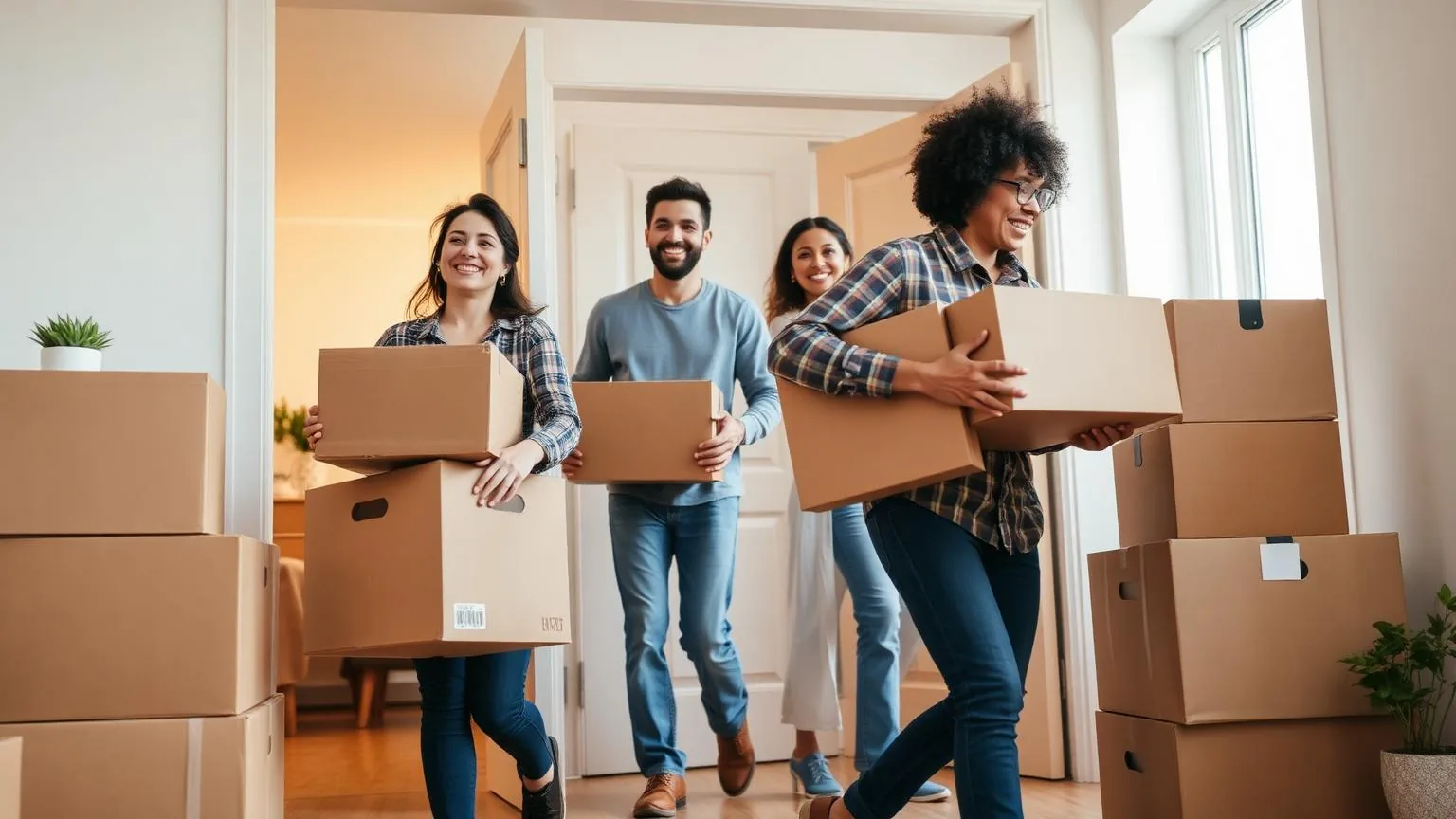 Menschen tragen Umzugskartons in eine helle neue Wohnung – Symbolbild für den Umzug.