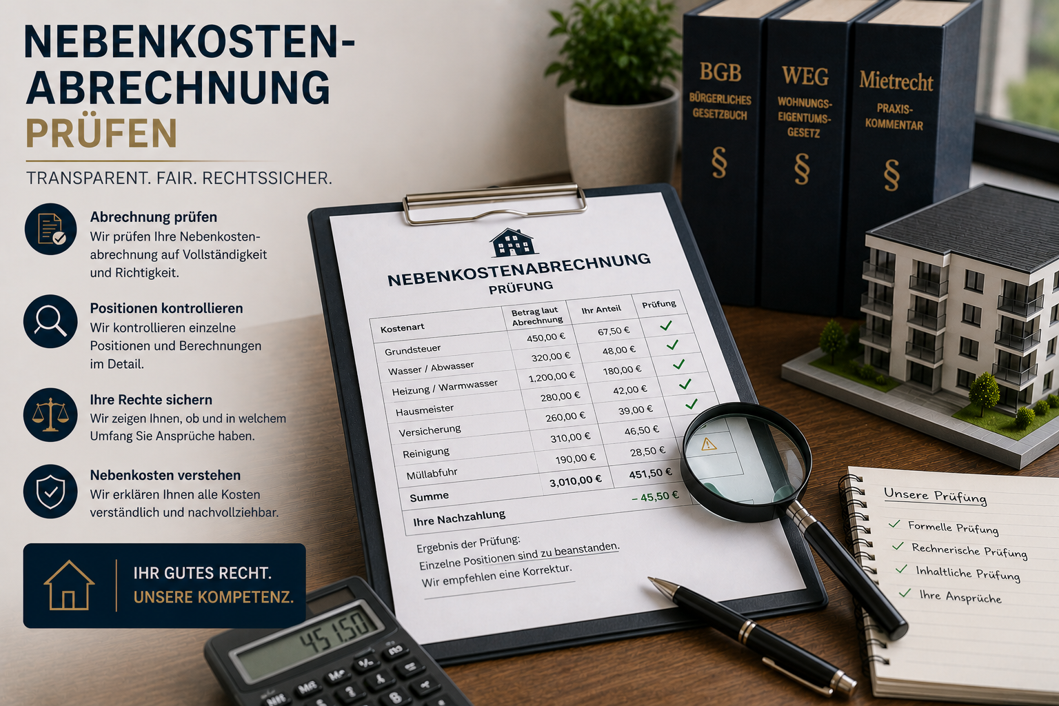 Nebenkostenabrechnung prüfen – Dienstleistung zum Festpreis online buchen
