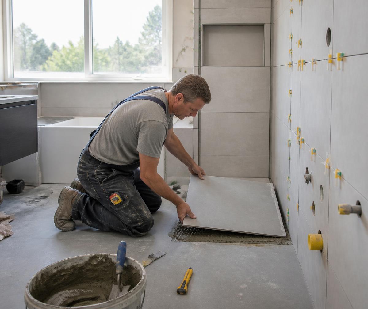 Handwerker bei Fliesenarbeiten in einer modernen Badsanierung