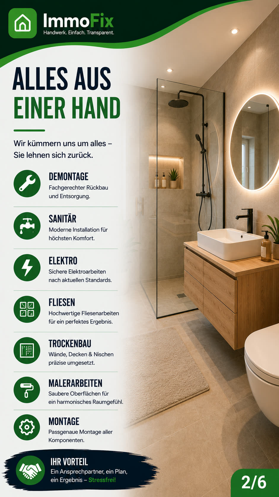 Übersicht der Gewerke: Demontage, Sanitär, Elektro, Fliesen, Trockenbau, Maler, Montage