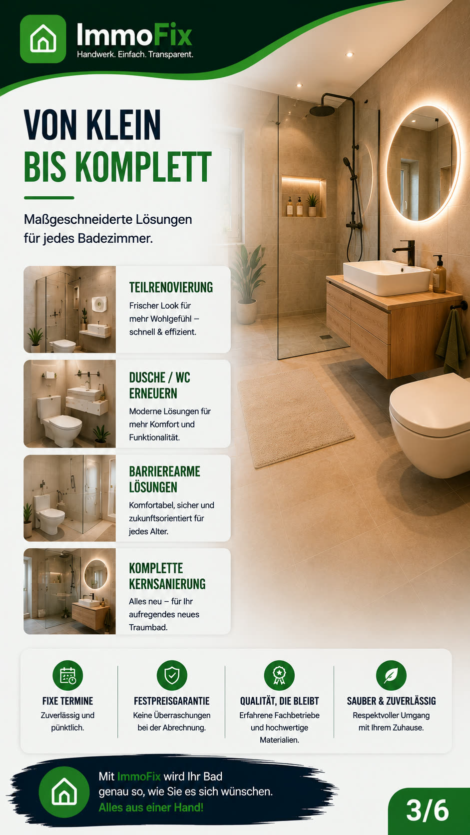 Neue bodengleiche Dusche und WC nach einer Badsanierung