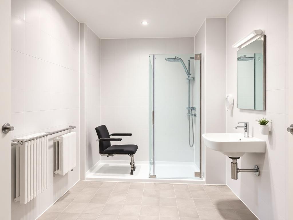 Barrierefreies Badezimmer mit bodengleicher Dusche und Haltegriffen