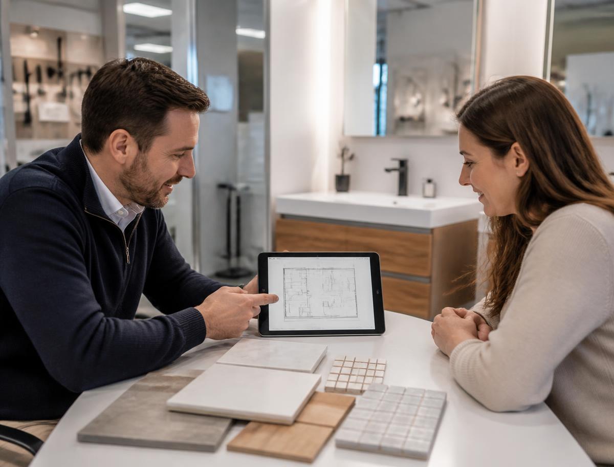 Fachberater und Kundin prüfen die Badplanung auf einem Tablet