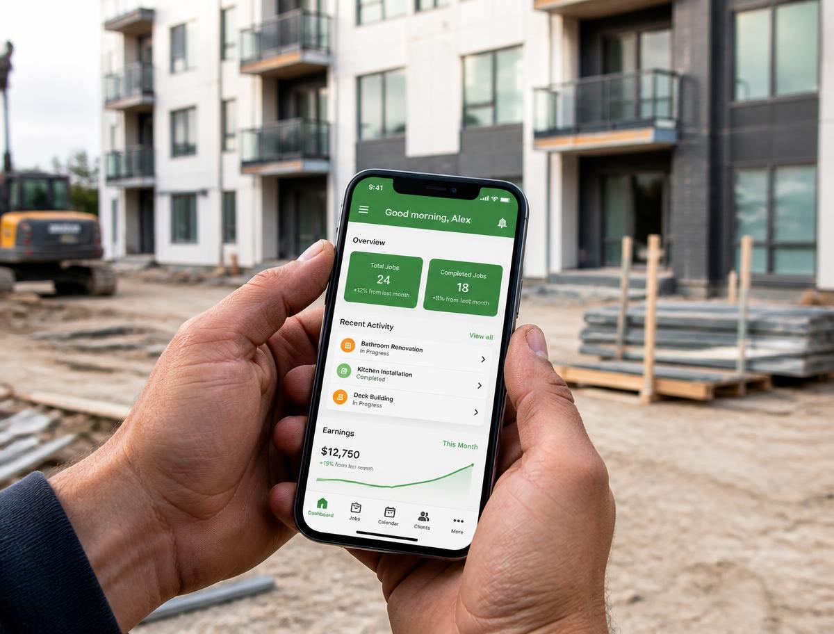 Handwerker mit Smartphone und ImmoFix-Dashboard