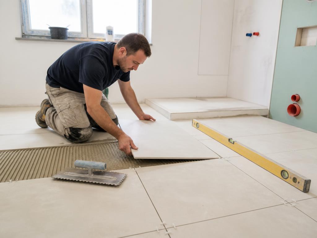 Fliesenleger verlegt großformatige Bodenfliesen im Badezimmer
