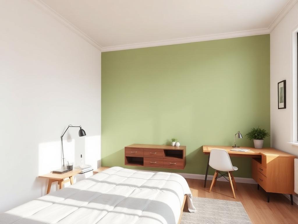 Frisch gestrichenes Schlafzimmer mit grüner Akzentwand