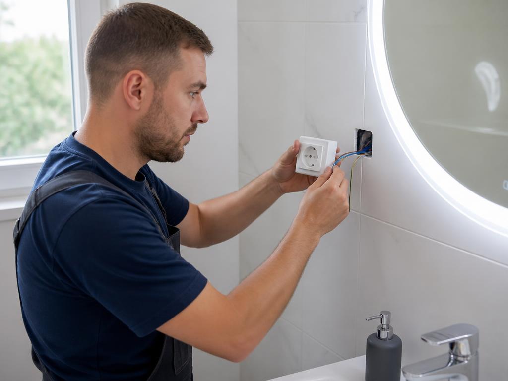 Elektriker installiert Steckdose und Spiegelbeleuchtung im Bad