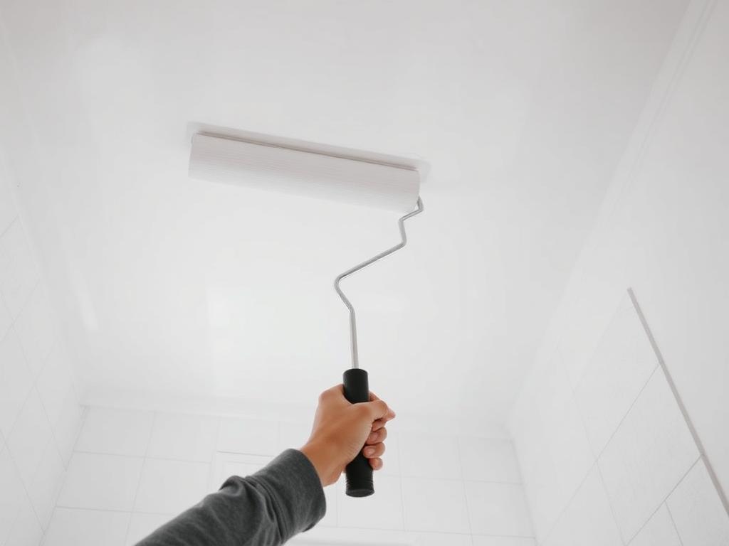 Maler streicht die Decke im sanierten Bad