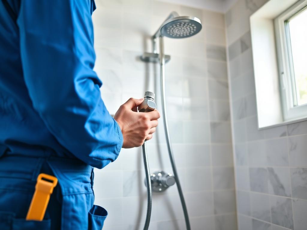 Sanitärinstallateur montiert Duscharmatur bei einer Badsanierung