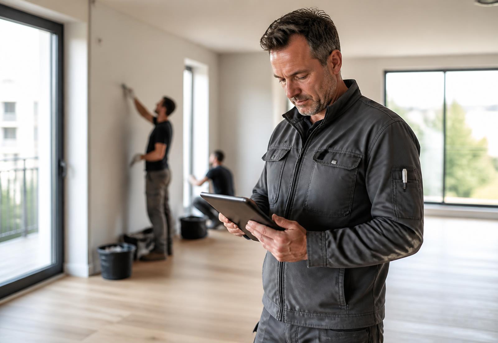 Handwerksmeister mit Tablet in einer hochwertig renovierten Wohnung, Mitarbeiter im Hintergrund
