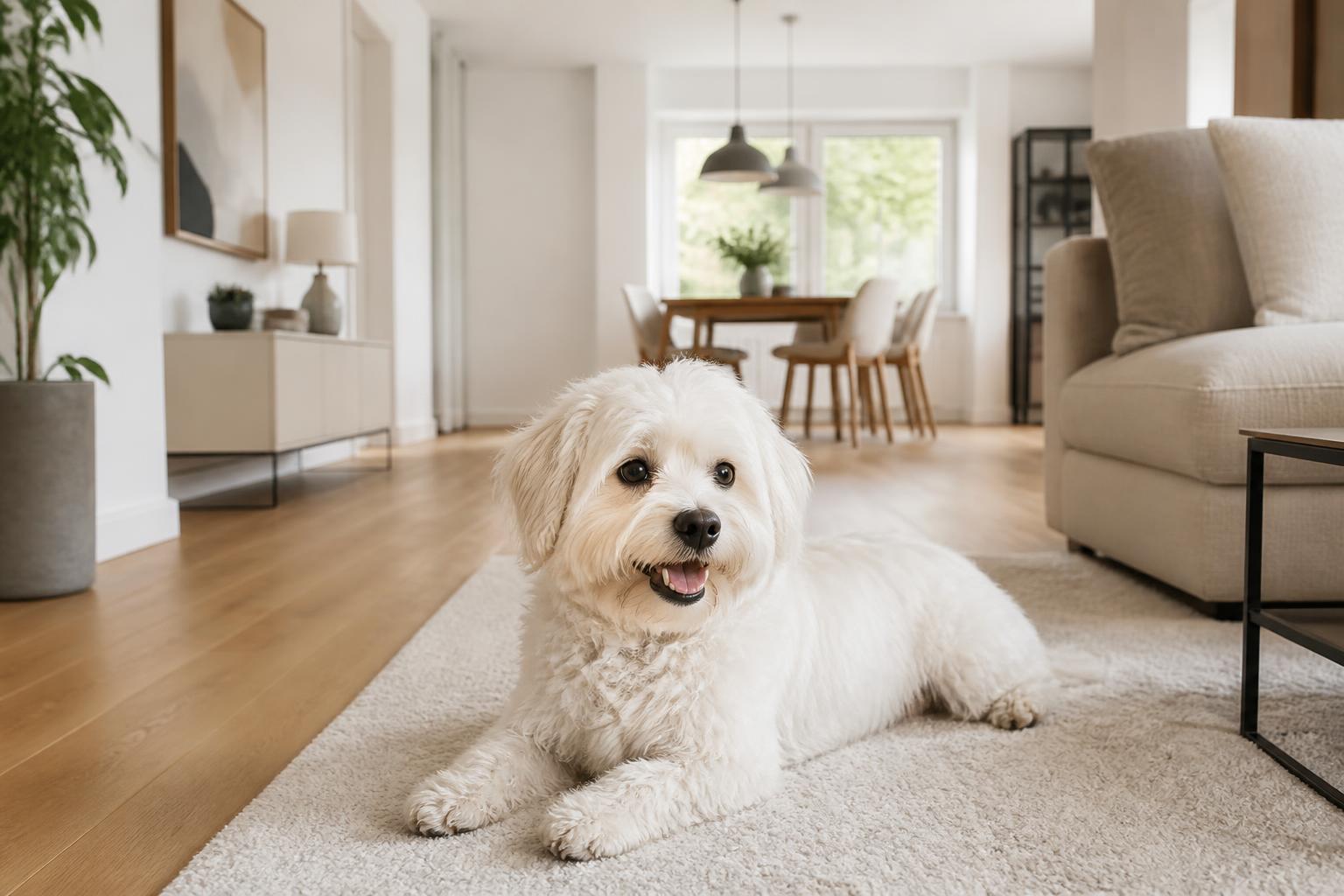 Weißer Bichon-Malteser entspannt in der fertig renovierten Wohnung