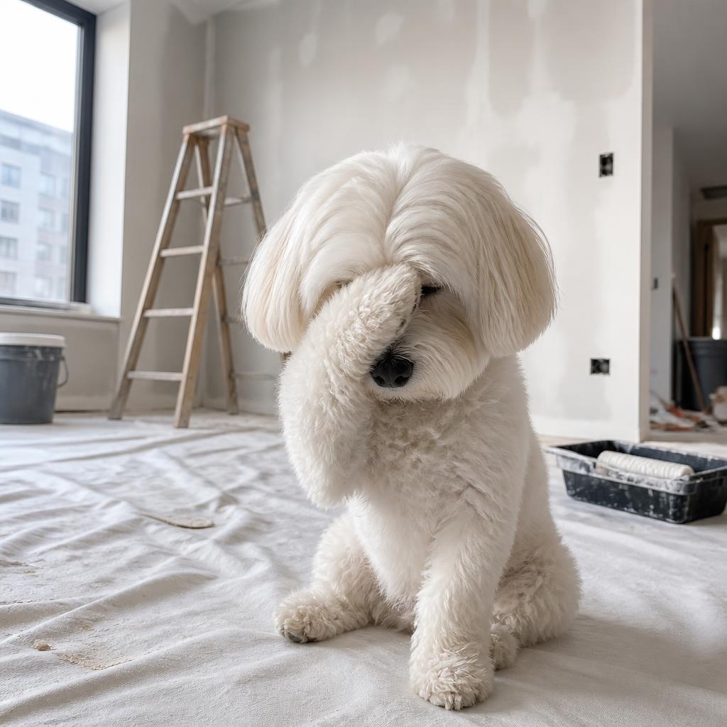 Weißer Bichon-Malteser hält sich eine Pfote vor das Gesicht