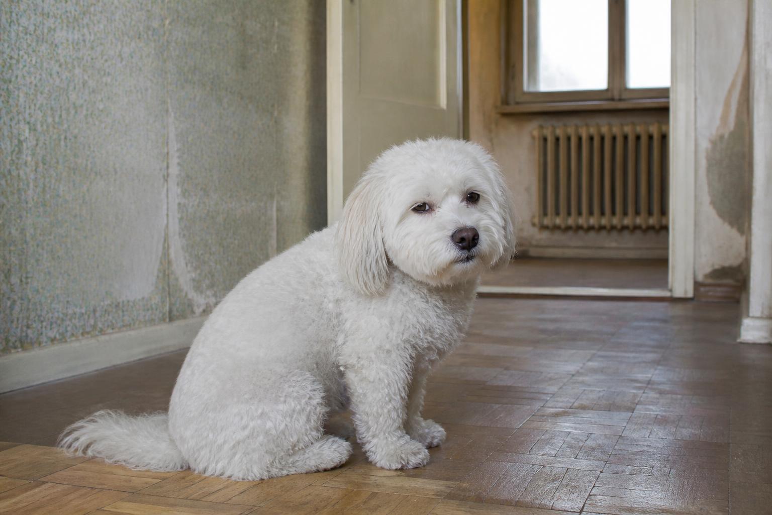 Weißer Bichon-Malteser in einer renovierungsbedürftigen Altbauwohnung