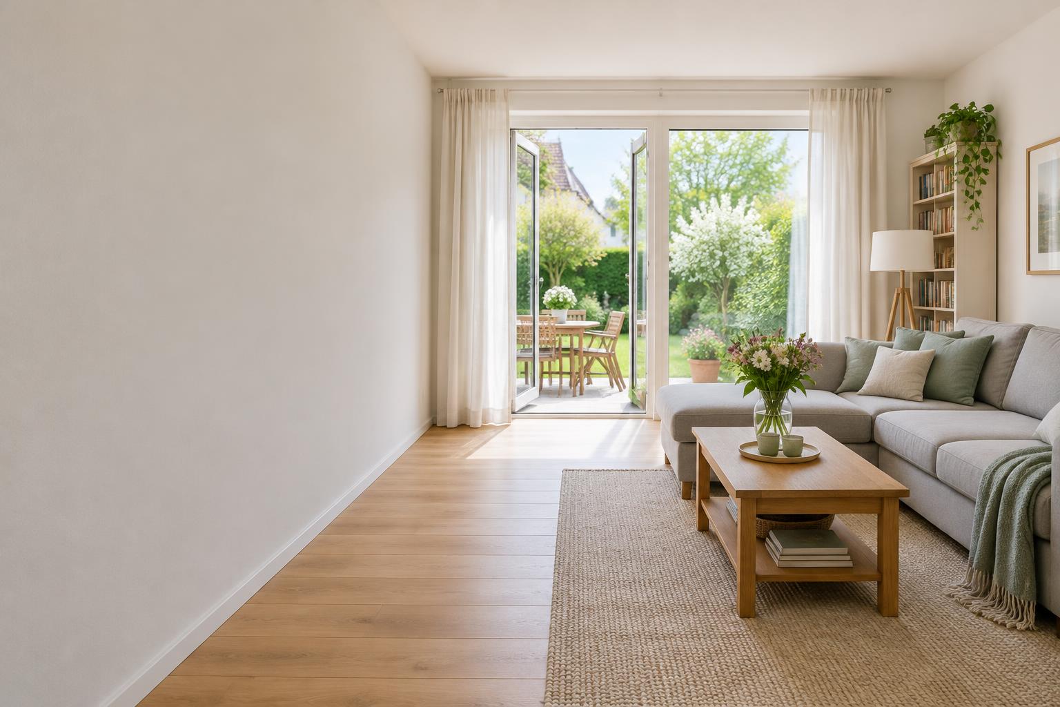 Helles Wohnzimmer mit Blick in einen grünen Garten – Beispiel einer Immobilienaufnahme