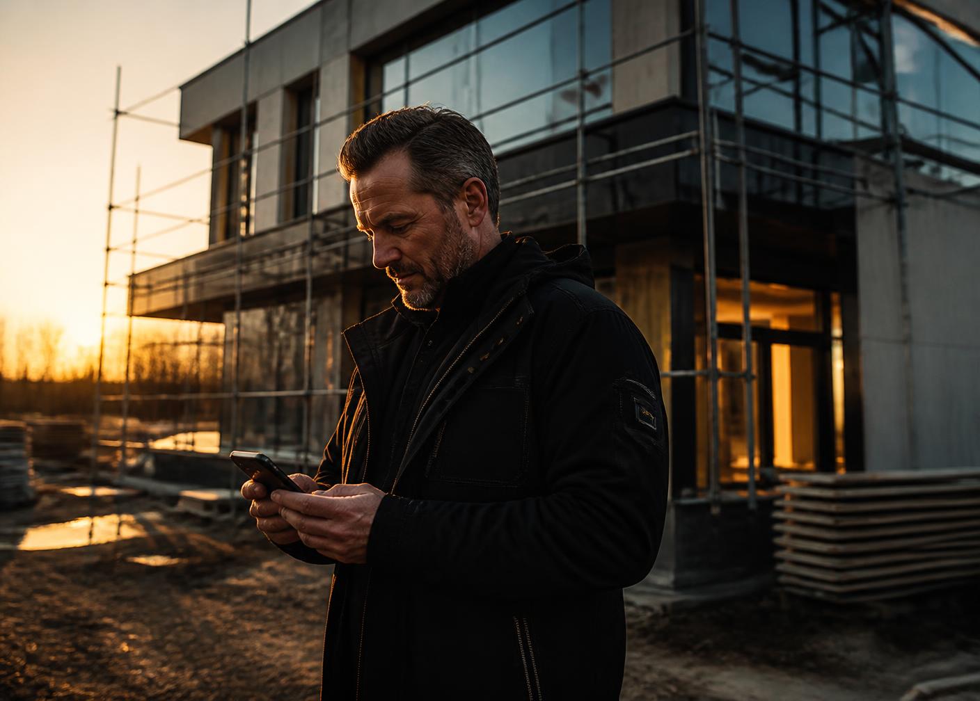Betriebsinhaber mit Smartphone auf der Baustelle
