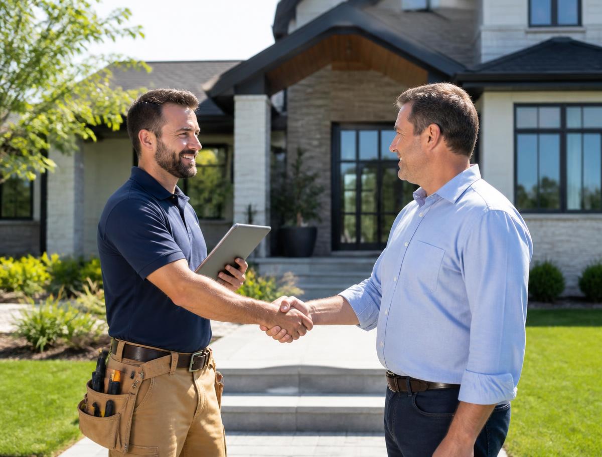 Handwerker und Kunde besprechen ein Projekt vor dem Haus