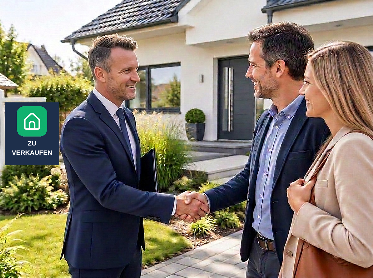 Makler begrüßt Eigentümer vor ihrem Haus