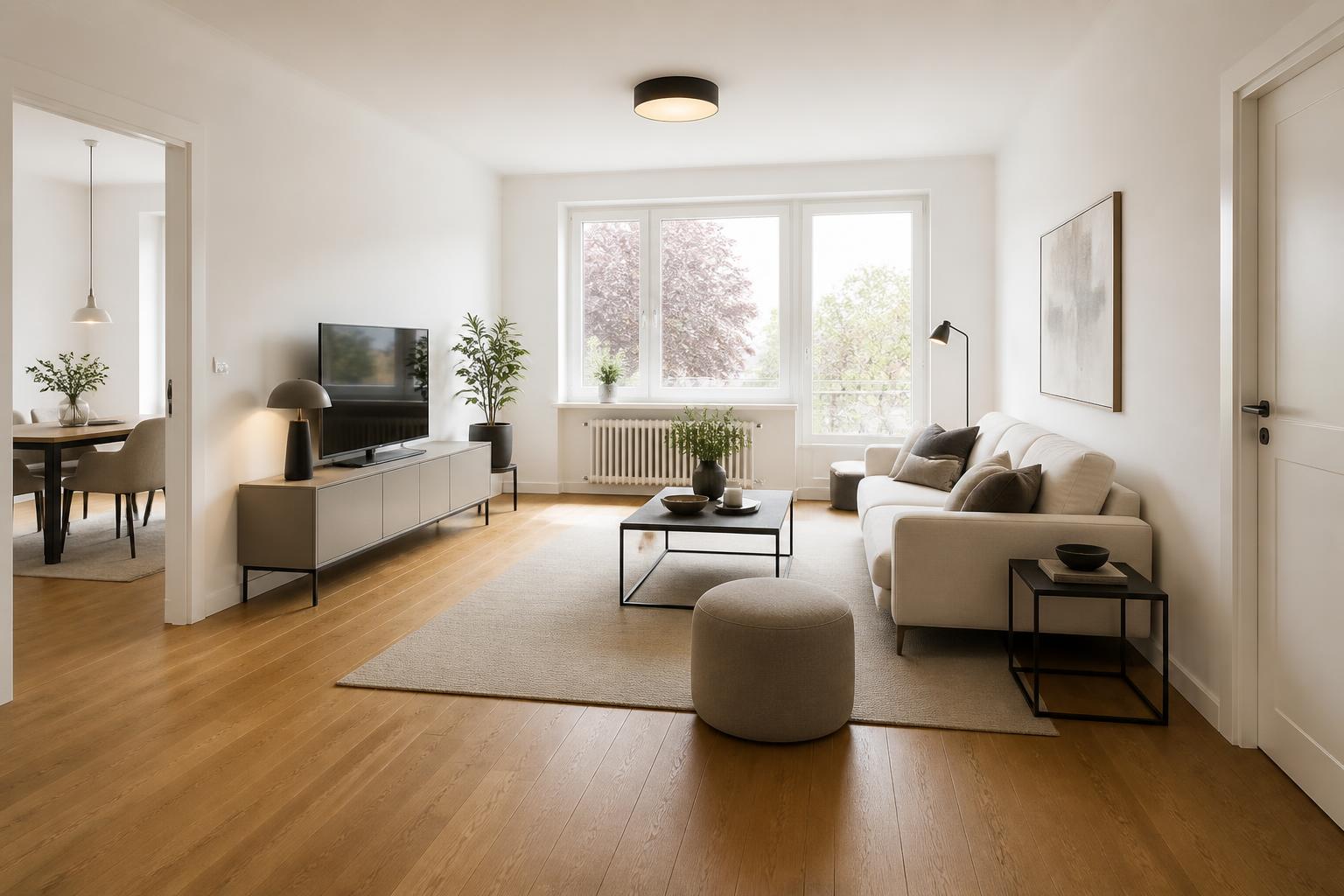 Dasselbe Wohnzimmer nach der Renovierung mit hellen Wänden und neuem Boden