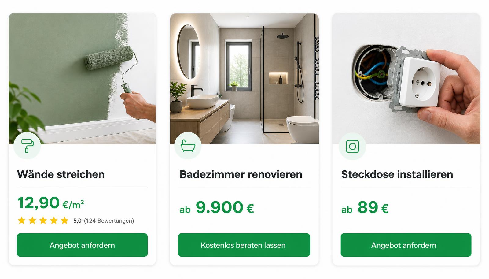 Drei ImmoFix-Leistungskarten: Wände streichen 12,90 €/m², Badezimmer renovieren ab 9.900 €, Steckdose installieren ab 89 €
