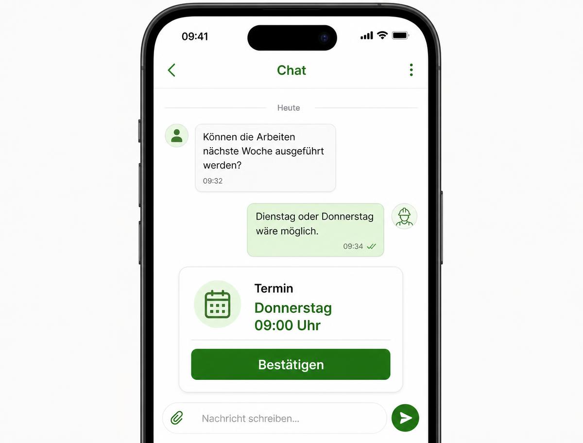 ImmoFix Messenger: Kundenanfrage, Antwort des Dienstleisters und Terminbestätigung