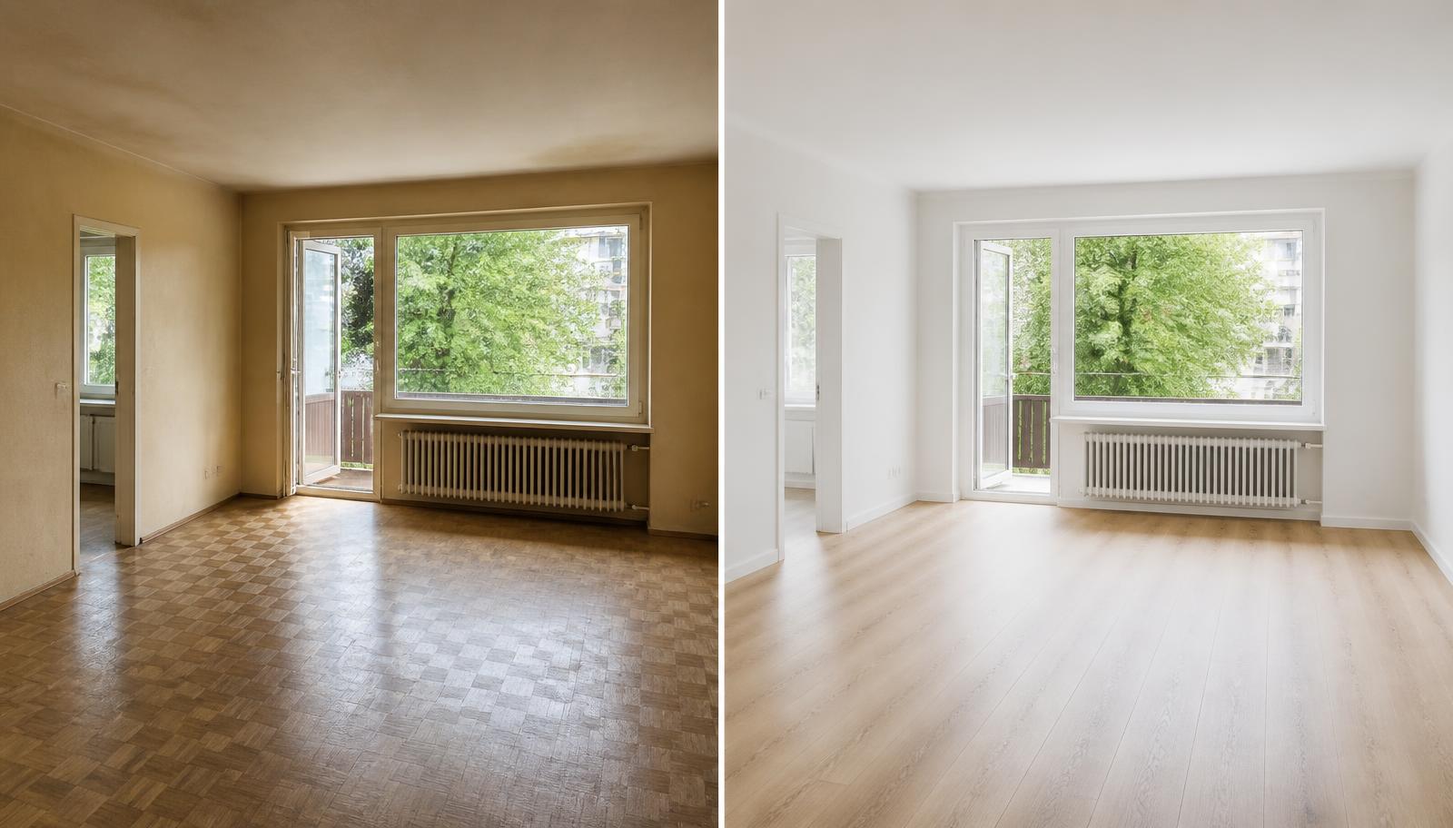 Vorher-Nachher-Vergleich einer renovierten Wohnung als Referenzprojekt