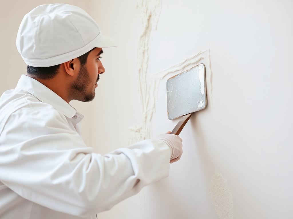 Maler spachtelt eine Wand glatt