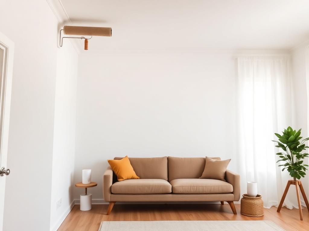 Frisch gestrichene Wand und Decke in einem hellen Wohnzimmer